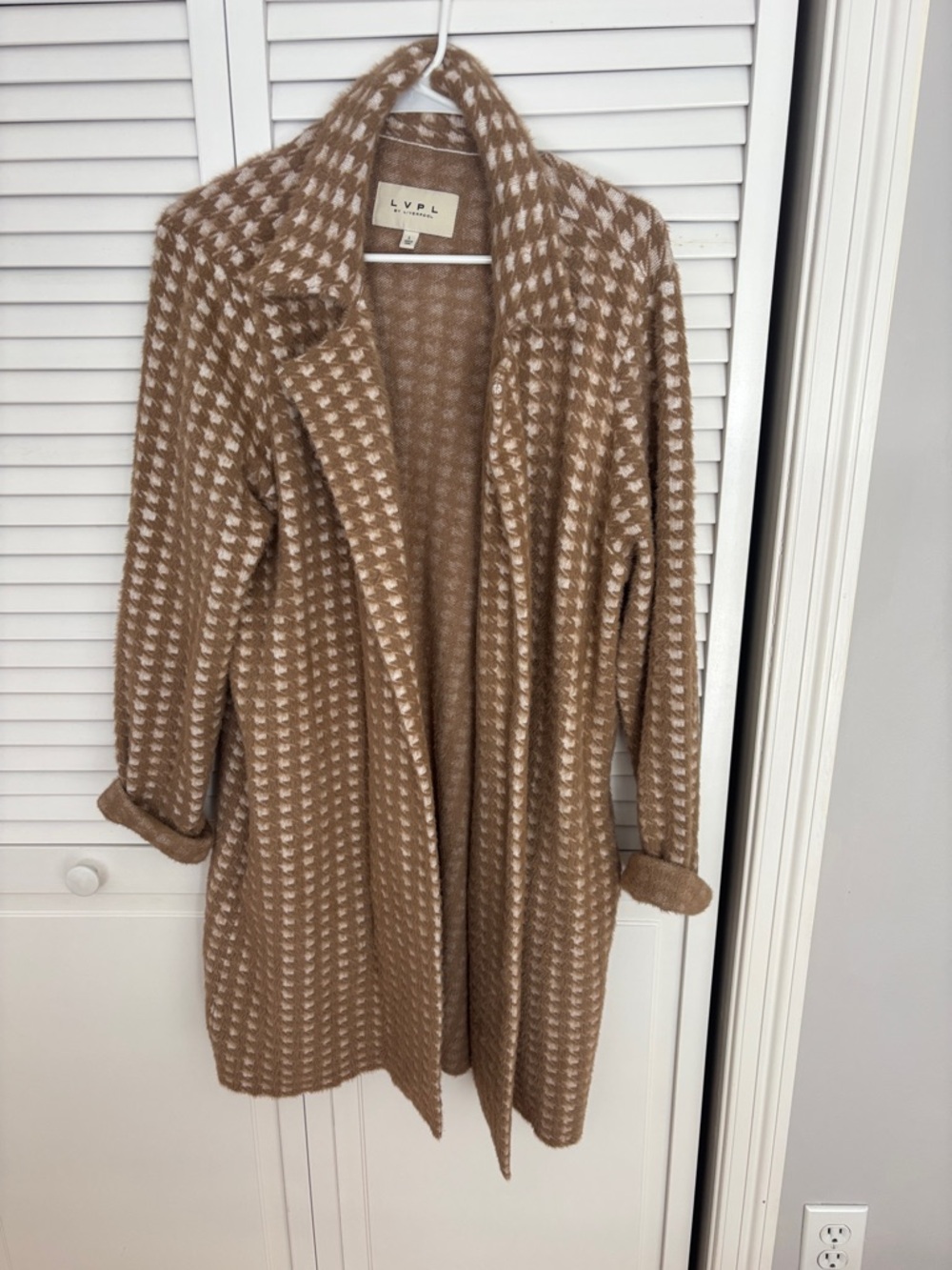 Like new Liverpool Tan & Cream Open-Front Houndstooth Knit Sweater Coat